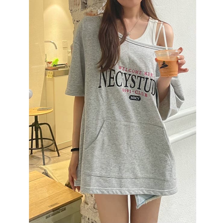 タンク付きワイドネックロゴTシャツ2点セット オーバーサイズ