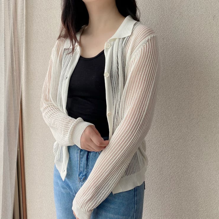 透かし編みニットシャツ トップス メッシュ[品番：SHNW0007418