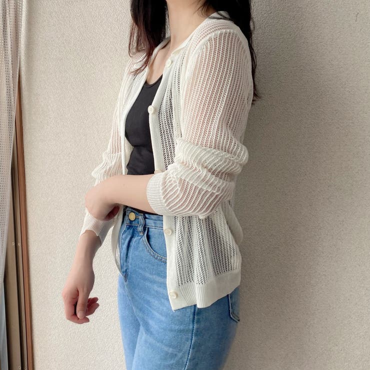 透かし編みニットシャツ トップス メッシュ[品番：SHNW0007418