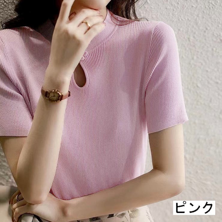 デコルテ涙開きリブニット トップス きれいめ[品番：SHNW0007427