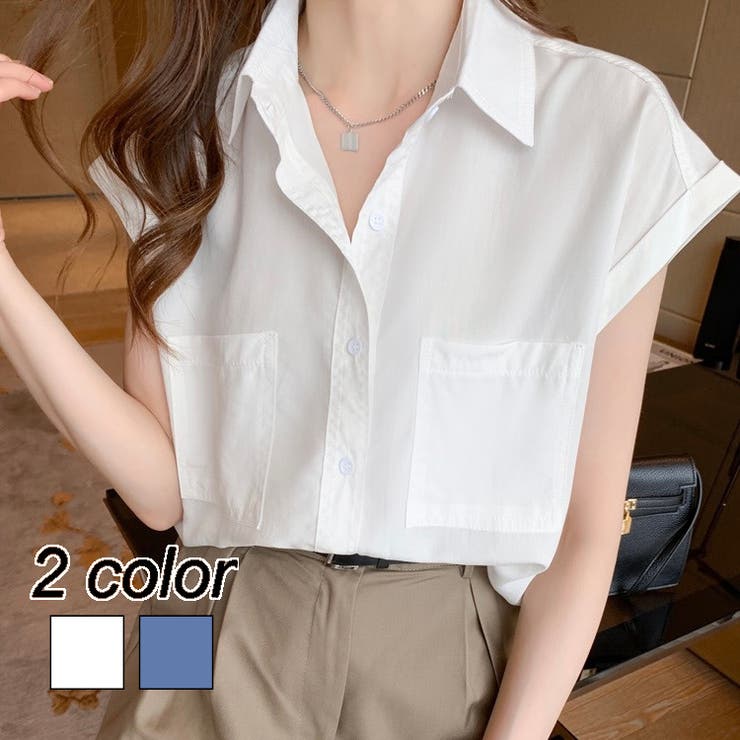 胸ポケット付きフレンチスリーブシャツ ブラウス きれいめ[品番