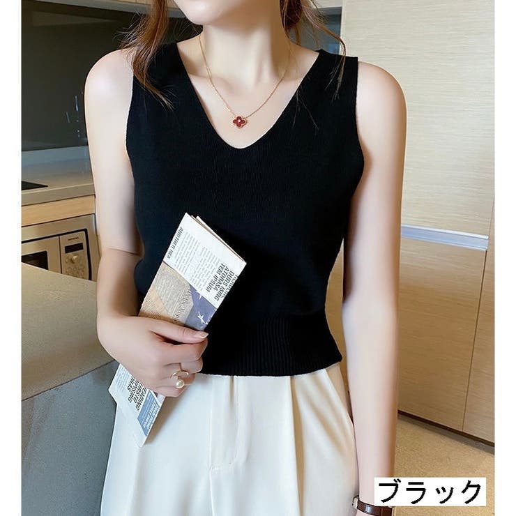 ブラック | V開きノースリーブベーシックニット 8色 トップス | LADY LIKE 