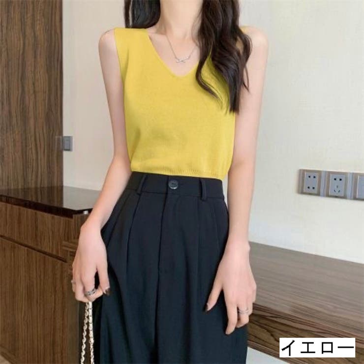 イエロー | V開きノースリーブベーシックニット 8色 トップス | LADY LIKE 