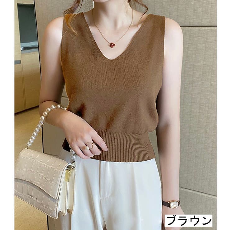 ブラウン | V開きノースリーブベーシックニット 8色 トップス | LADY LIKE 