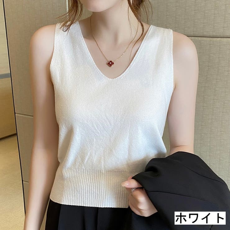 ホワイト | V開きノースリーブベーシックニット 8色 トップス | LADY LIKE 
