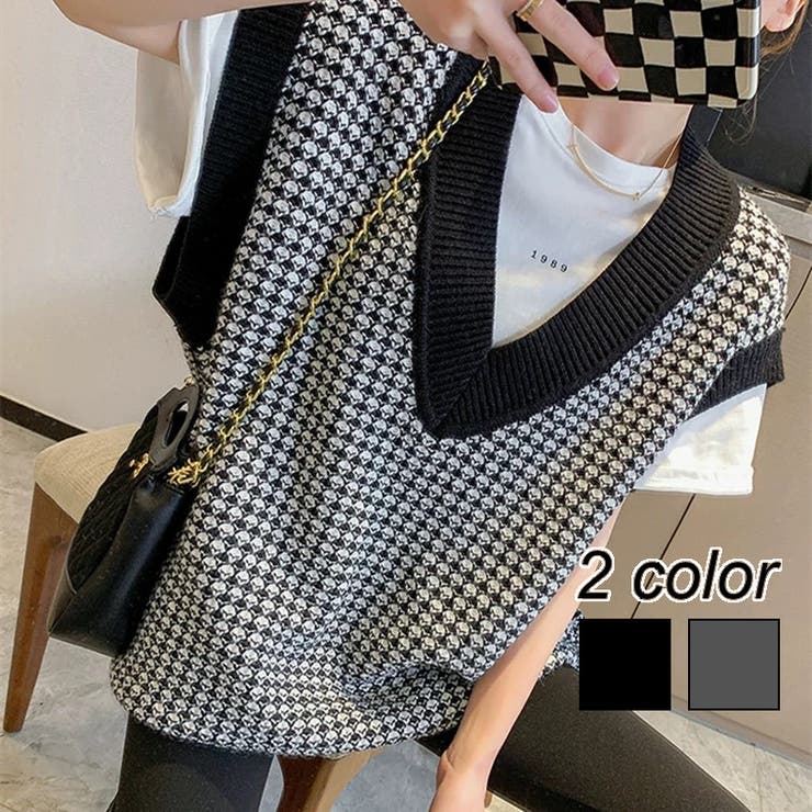 凹凸チェック柄オーバーサイズニットベスト | LADY LIKE  | 詳細画像1 