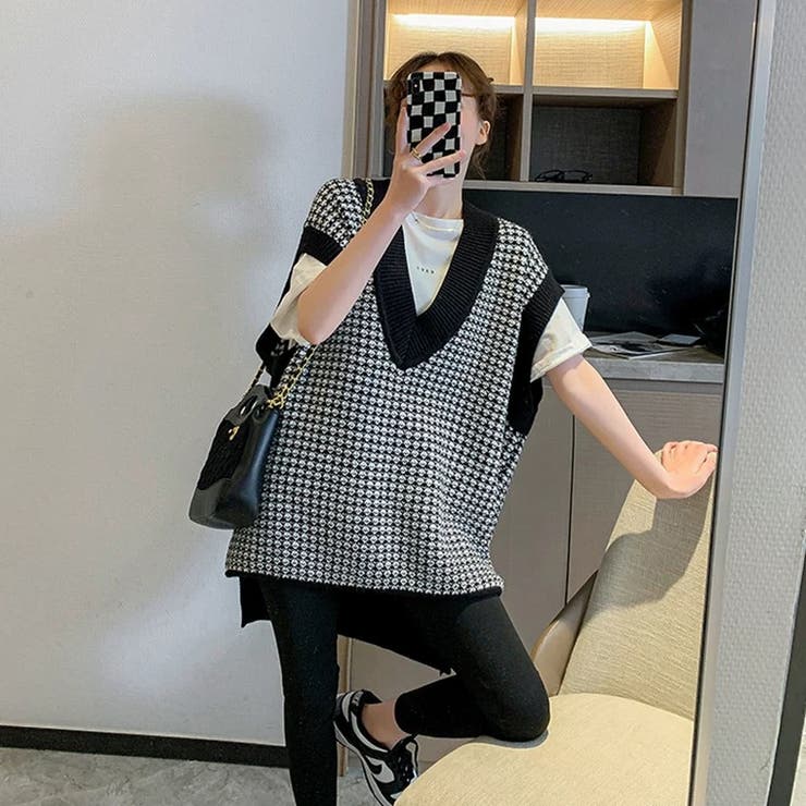 凹凸チェック柄オーバーサイズニットベスト | LADY LIKE  | 詳細画像2 