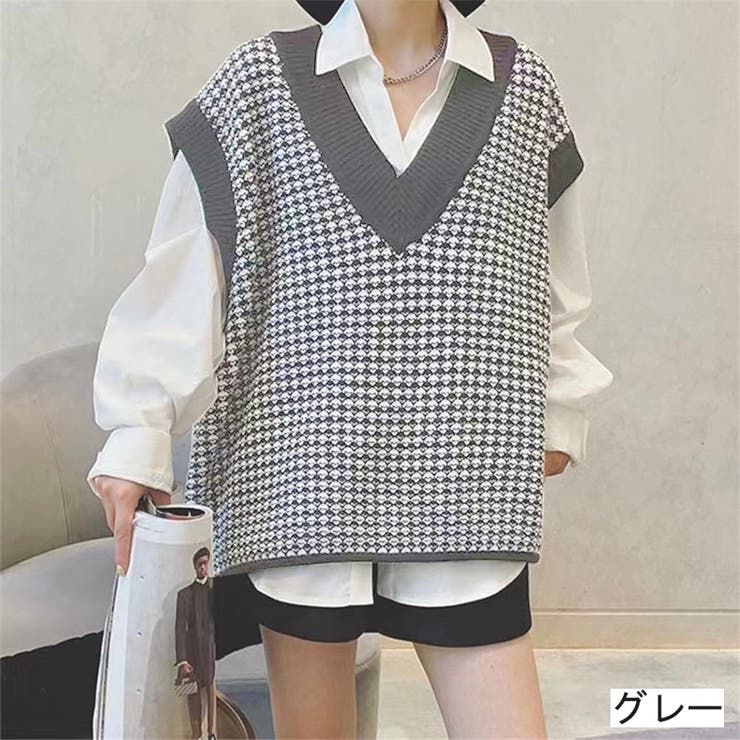 グレー | 凹凸チェック柄オーバーサイズニットベスト | LADY LIKE 