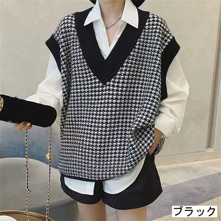 ブラック | 凹凸チェック柄オーバーサイズニットベスト | LADY LIKE 