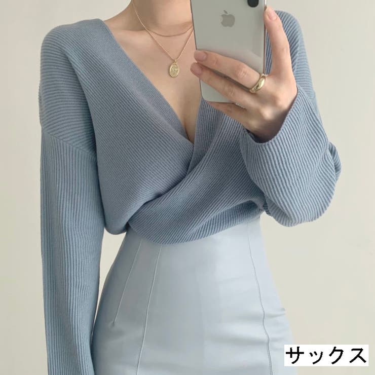 サックス | ストレートスリーブカシュクールニット | LADY LIKE 