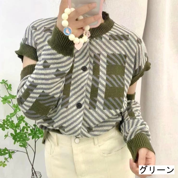 グリーン | 袖取り外し2WAY丸首カーディガン | LADY LIKE 