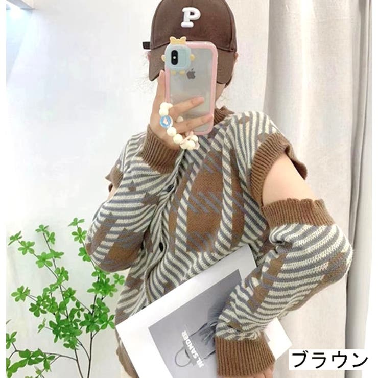 ブラウン | 袖取り外し2WAY丸首カーディガン | LADY LIKE 