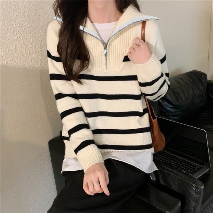 ハーフジップハイネックボーダーニット | LADY LIKE  | 詳細画像2 