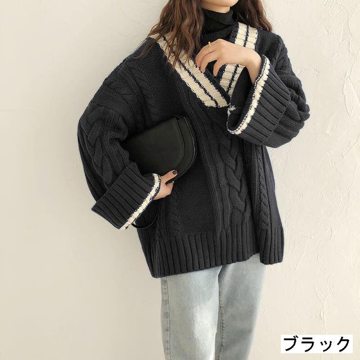 未使用 SHAREEF ブラック ケーブル 高級ニット Vネック