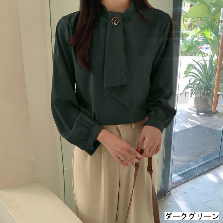 ダークグリーン | ボウタイ付バンドカラーシャツ | LADY LIKE 