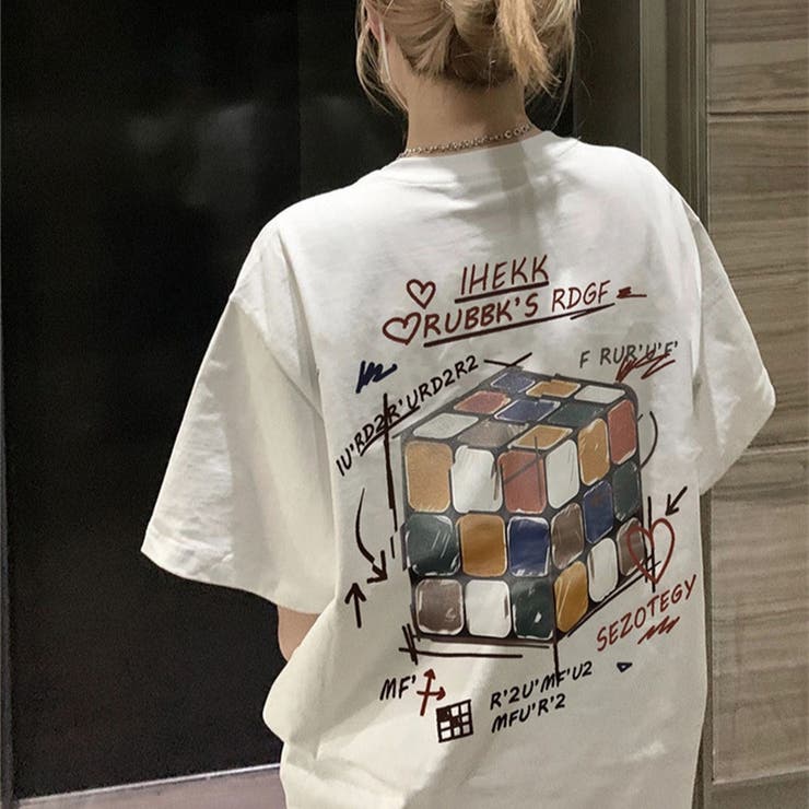 ブルー】ルービックキューブプリントTシャツ[品番：SHNW0009259]｜LADY