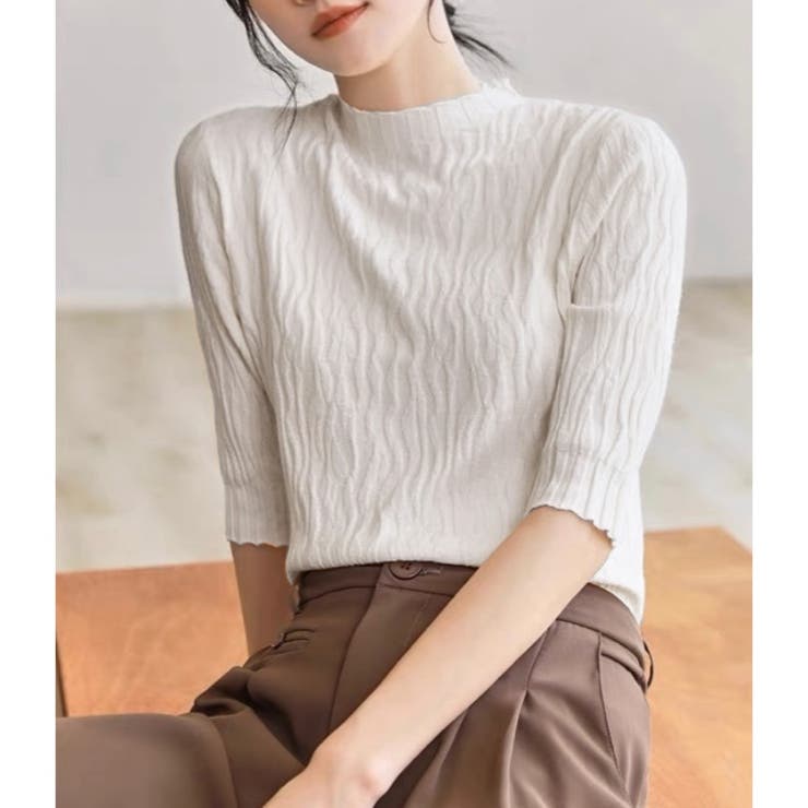 ウエーブ柄凹凸5分袖ニット[品番：SHNW0009280]｜LADY LIKE （レディ