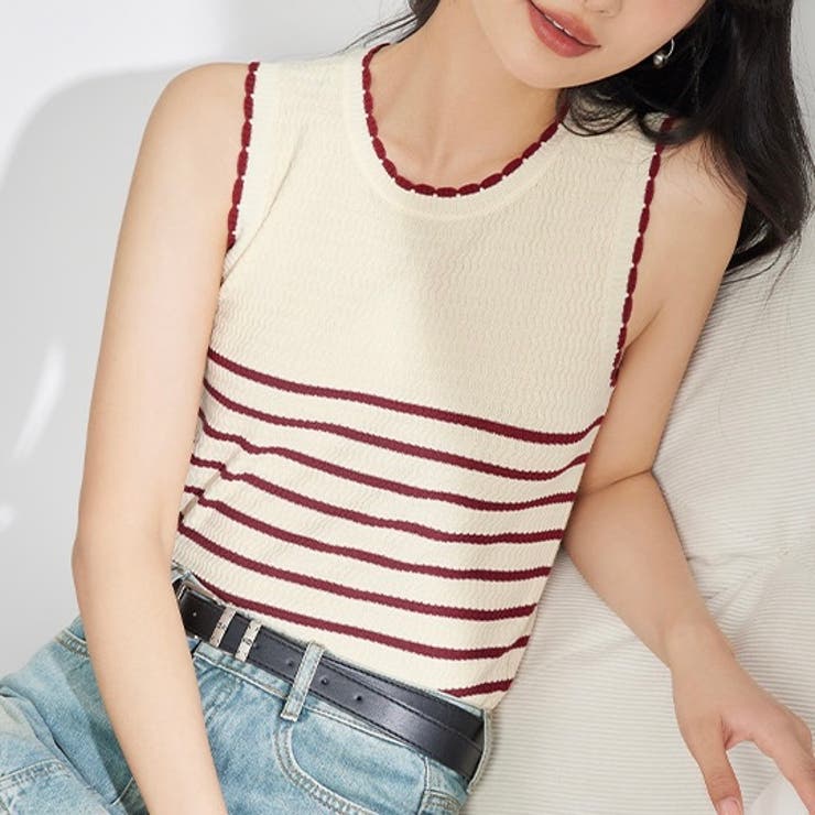 胸下ボーダーノースリーブニット[品番：SHNW0009372]｜LADY LIKE