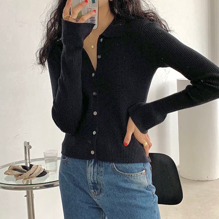ブラック | 衿付き前開きソフトリブニット | LADY LIKE 