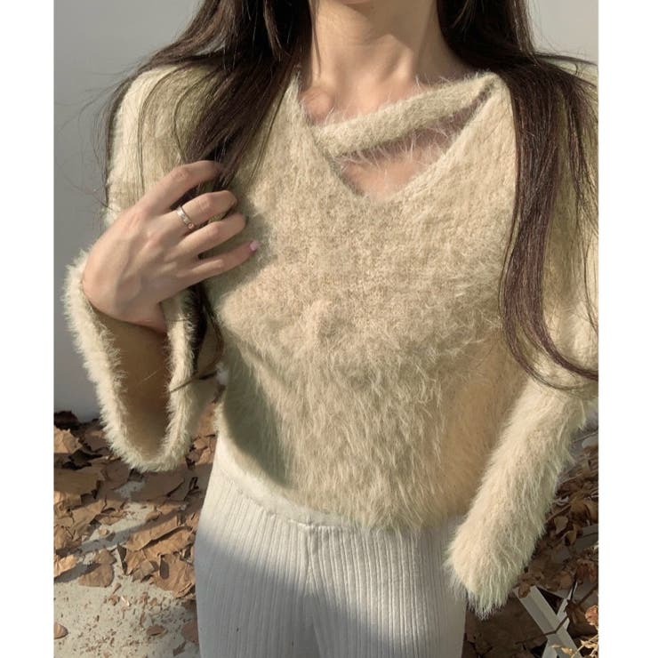 クロップド丈V開きシャギーニット[品番：SHNW0009957]｜LADY LIKE