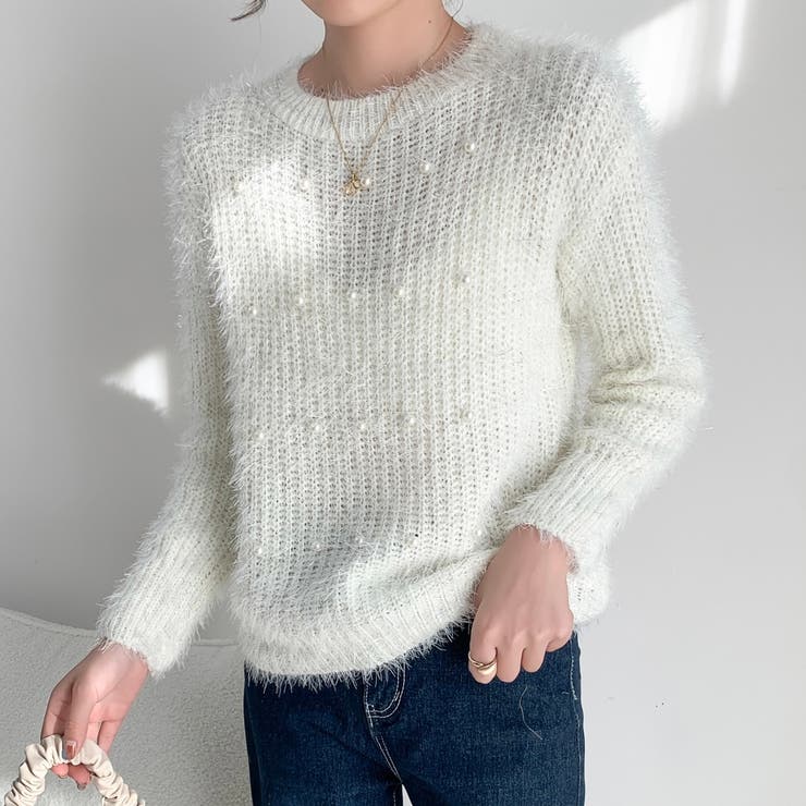 ホワイト | パールデザインふわふわニット | LADY LIKE 