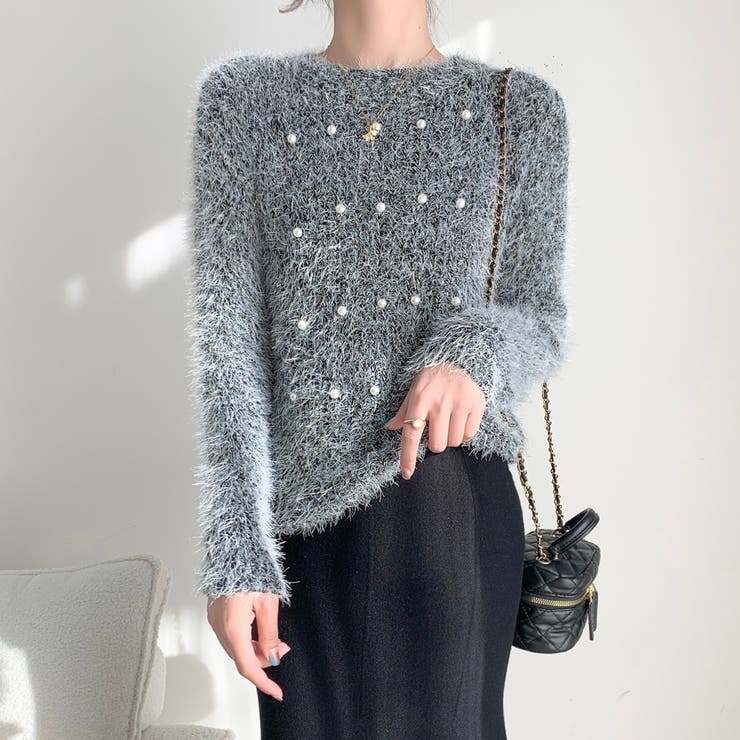 ブラック | パールデザインふわふわニット | LADY LIKE 