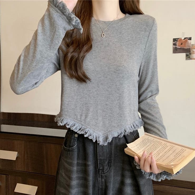 グレー Vネック 長袖 Tシャツ フリンジ裾