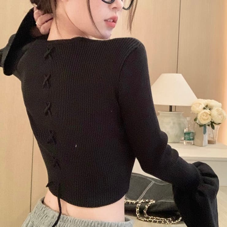 ブラック | ベルスリーブショート丈リブニット | LADY LIKE 