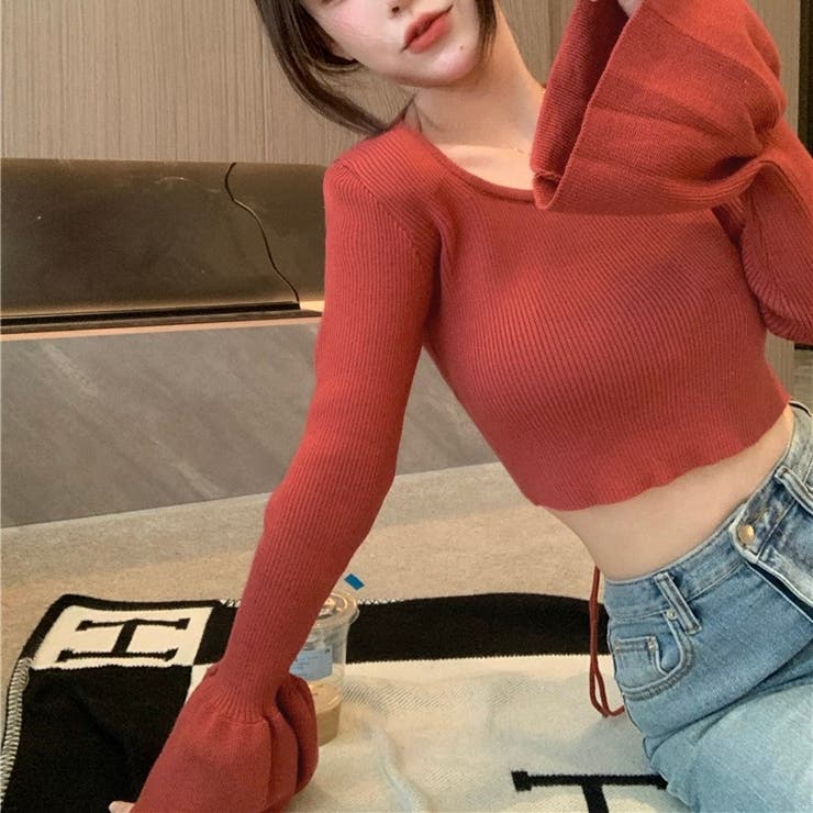 レッド | ベルスリーブショート丈リブニット | LADY LIKE 