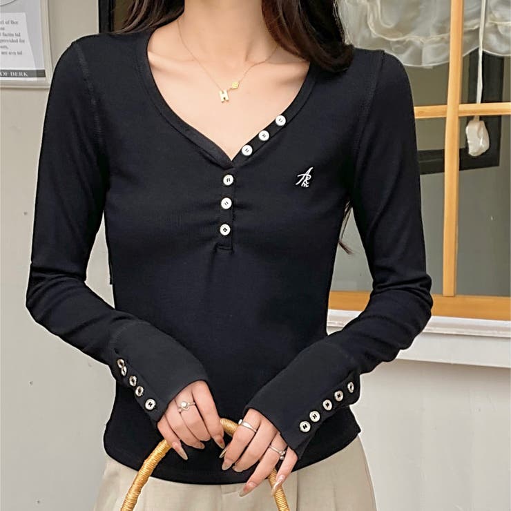 袖ボタンヘンリーネックTシャツ[品番：SHNW0010576]｜LADY LIKE