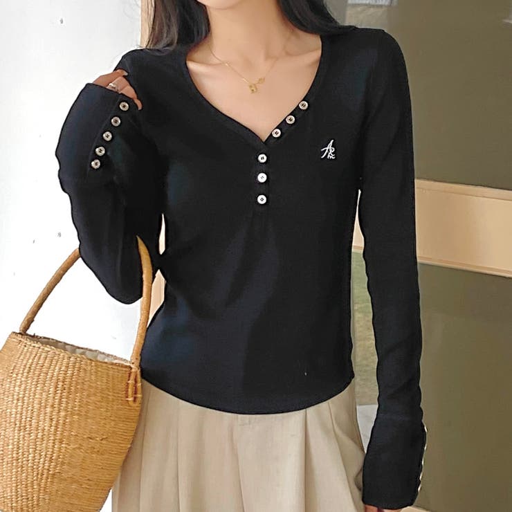 袖ボタンヘンリーネックTシャツ[品番：SHNW0010576]｜LADY LIKE