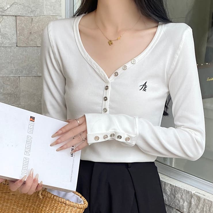 袖ボタンヘンリーネックTシャツ[品番：SHNW0010576]｜LADY LIKE