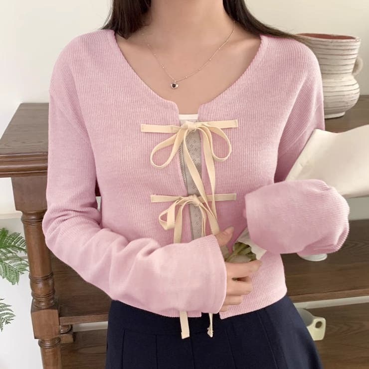 ピンク | 配色フロントリボンカーディガン | LADY LIKE 