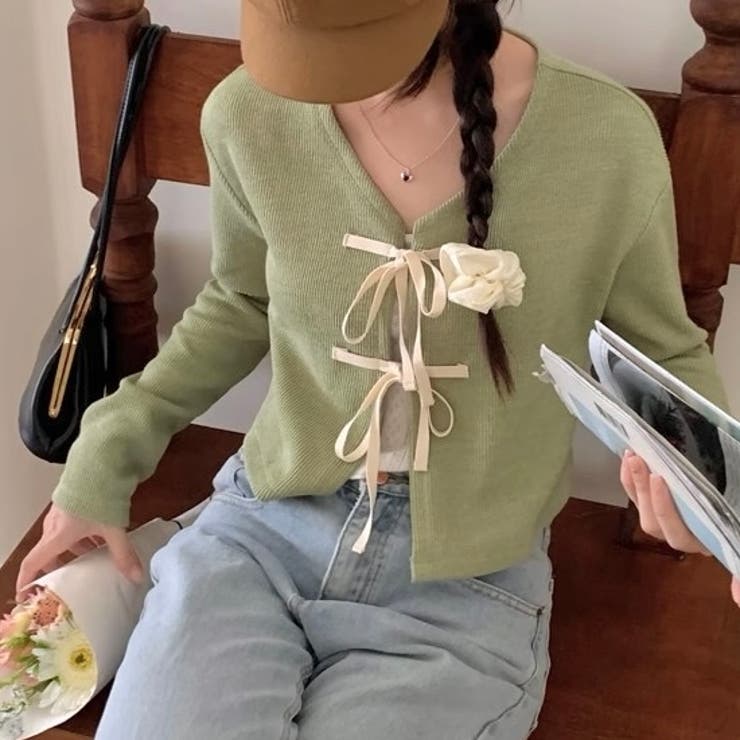 グリーン | 配色フロントリボンカーディガン | LADY LIKE 