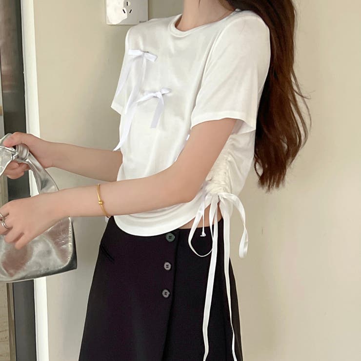 リボンギャザー半袖Tシャツ[品番：SHNW0010858]｜LADY LIKE （レディ
