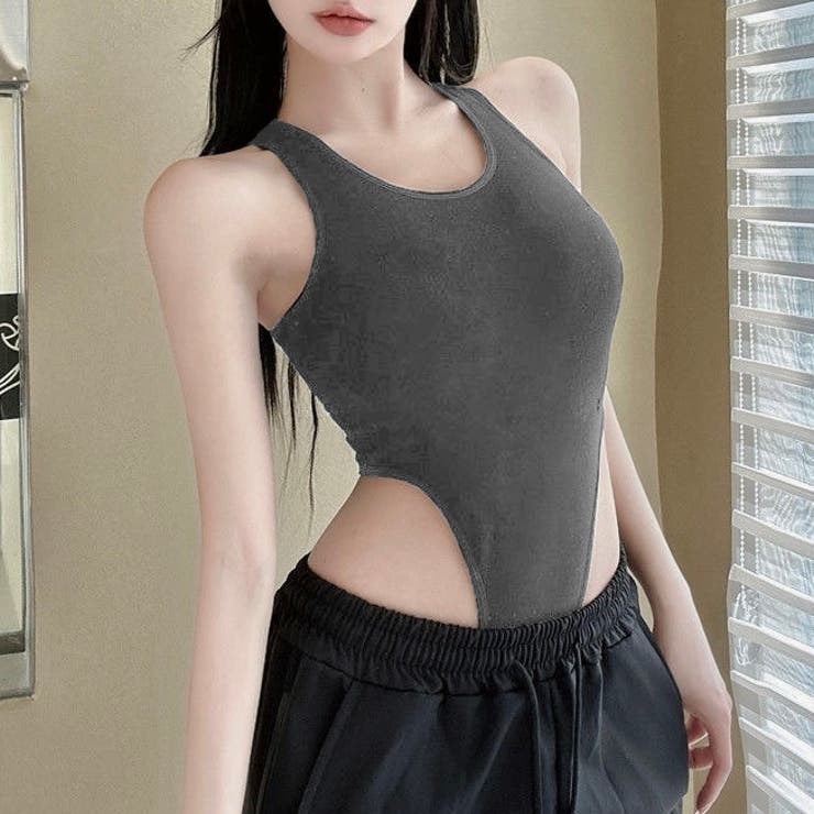 グレー | サイド開きカップ付きタンク型ボディスーツ | LADY LIKE 