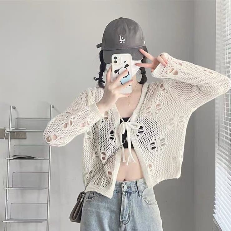 フロントリボンかぎ編みシアーカーディガン[品番：SHNW0010970]｜LADY