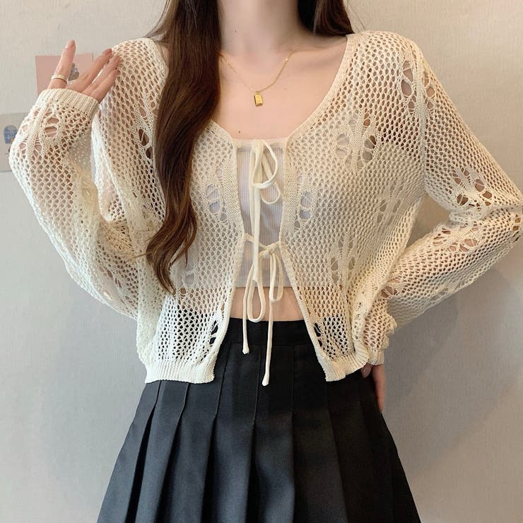 フロントリボンかぎ編みシアーカーディガン[品番：SHNW0010970]｜LADY
