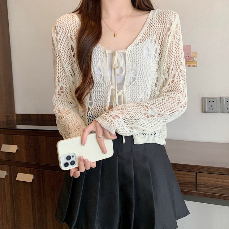 フロントリボンかぎ編みシアーカーディガン[品番：SHNW0010970