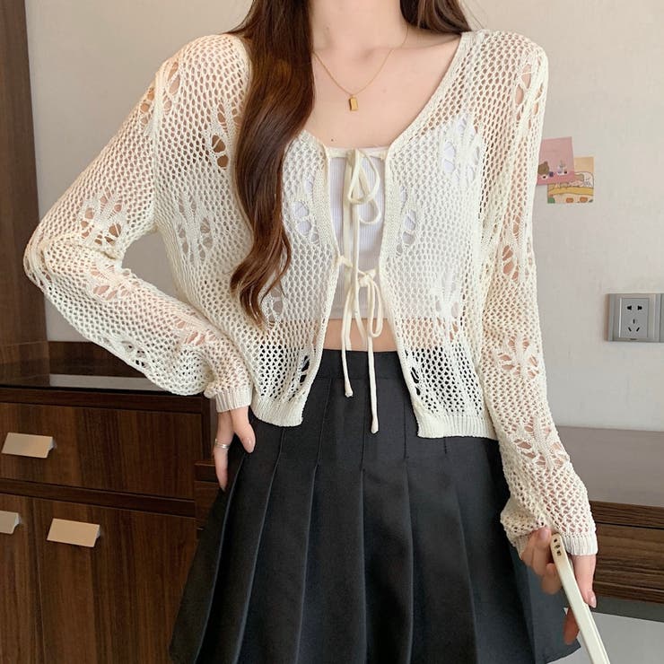フロントリボンかぎ編みシアーカーディガン[品番：SHNW0010970]｜LADY