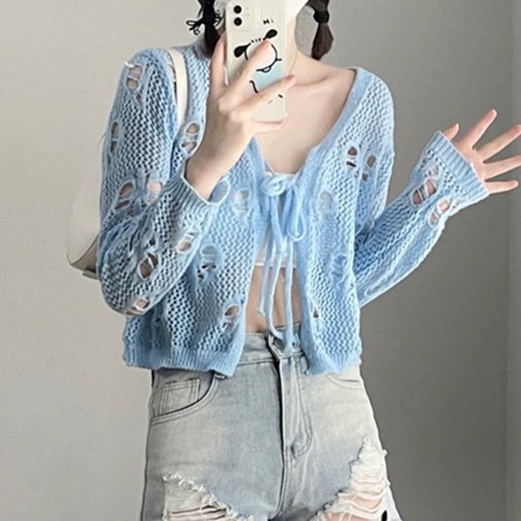 フロントリボンかぎ編みシアーカーディガン[品番：SHNW0010970]｜LADY