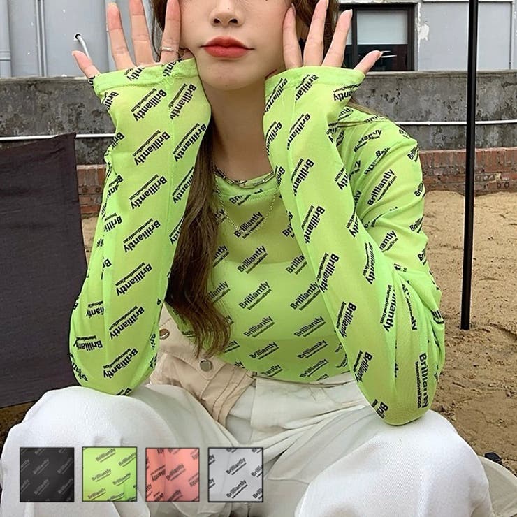 ECKHAUS LATTA エコーズラッタ 総柄モックネックシアートップ グリーン レディース ランダムロゴプリントシアートップス[品番：SHNW0010979]｜LADY LIKE