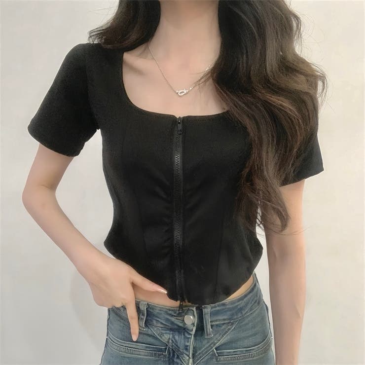 ダブルジップラウンドネック半袖トップス[品番：SHNW0011269]｜LADY