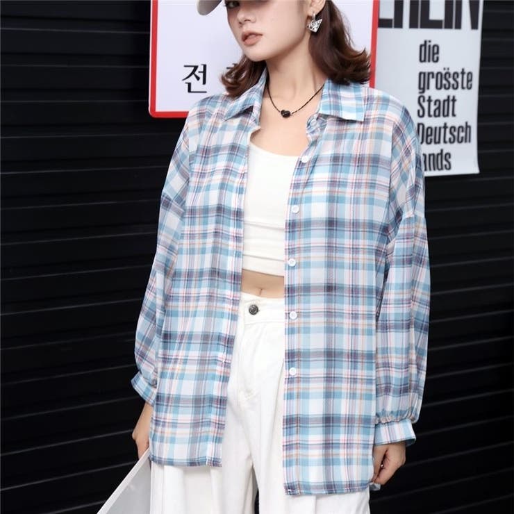 サックス | チェック柄ゆったりシアーシャツ | LADY LIKE