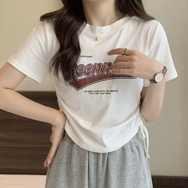 サイドギャザーロゴ入りリブTシャツ[品番：SHNW0011313]｜LADY
