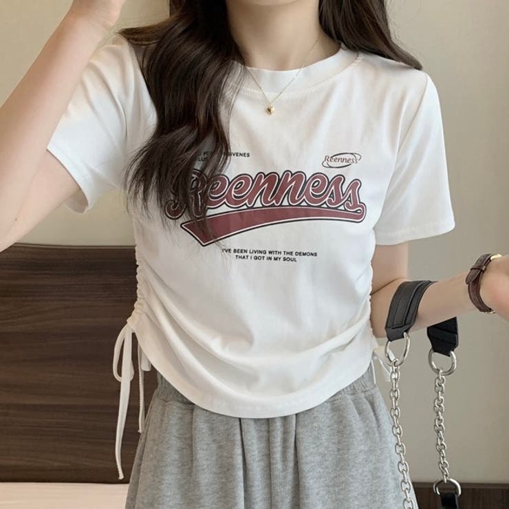 サイドギャザーロゴ入りリブTシャツ[品番：SHNW0011313]｜LADY