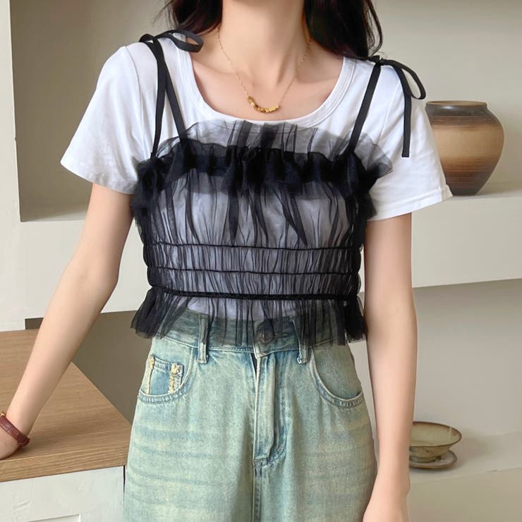 肩リボンチュールシアーキャミトップス[品番：SHNW0011390]｜LADY LIKE