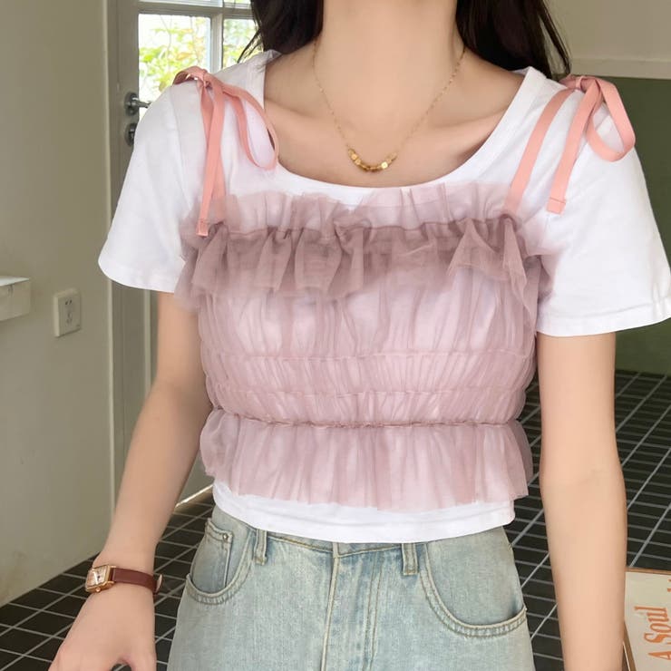 肩リボンチュールシアーキャミトップス[品番：SHNW0011390]｜LADY LIKE