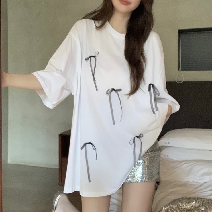 ストライプ オーバーサイズ 肩落ち リボン ドレス シャツ シック サテンリボン付きオーバーサイズTシャツ[品番：SHNW0011391