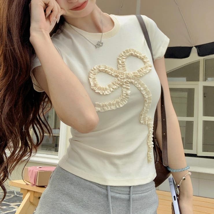 くしゅくしゅリボンデザインTシャツ[品番：SHNW0011419]｜LADY LIKE